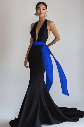 Mermaid Deep V Neck Black Tie Dress with Sash